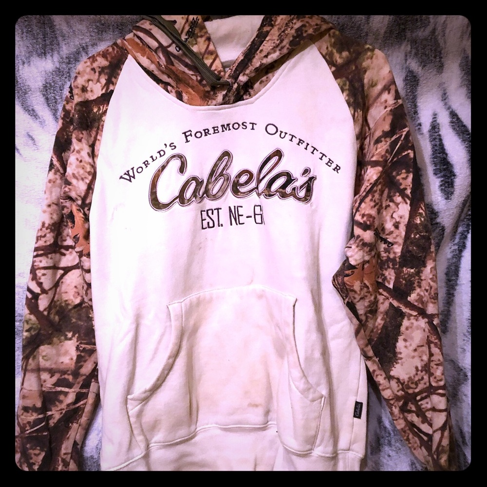 Cabelas White Hooded Sweatshirt with Camo Sleeves